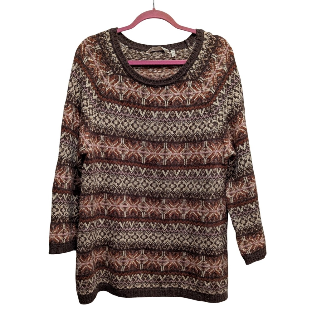 Soft Surroundings Womens XL Julietta Fair Isle Alpaca Wool Tunic Sweater Brown - Picture 1 of 8